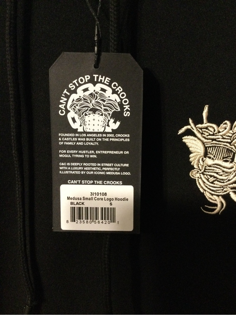 Crooks & Castles Black Hoodie with Embroidered Medusa Patch